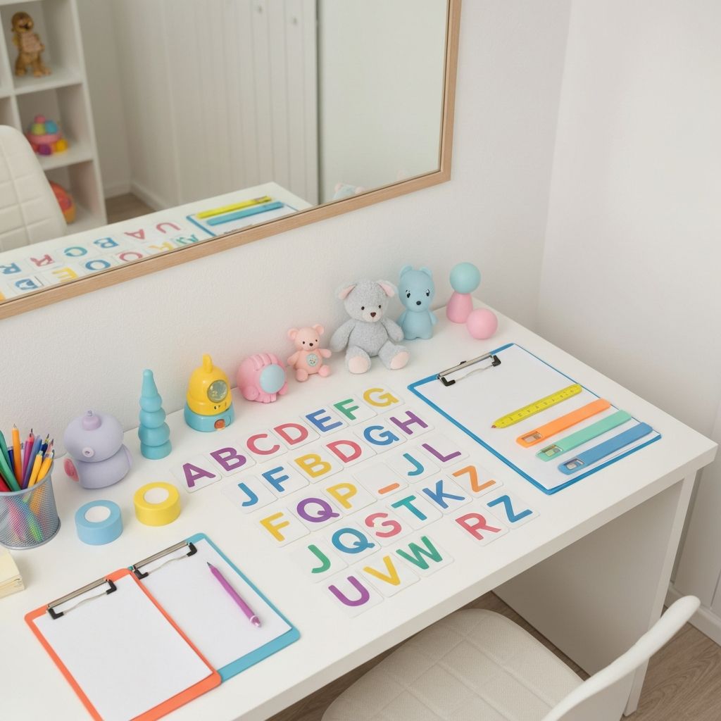 Speech therapy assessment materials and learning tools laid out on a desk